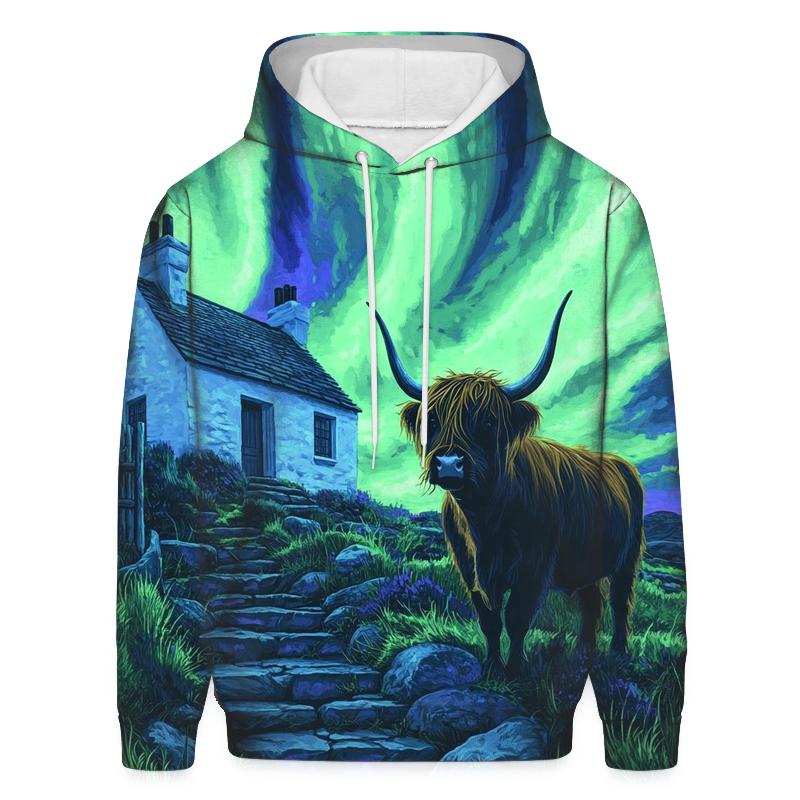 Northern Lights Cottage With Highland Cow Guard zip-up hoodies
