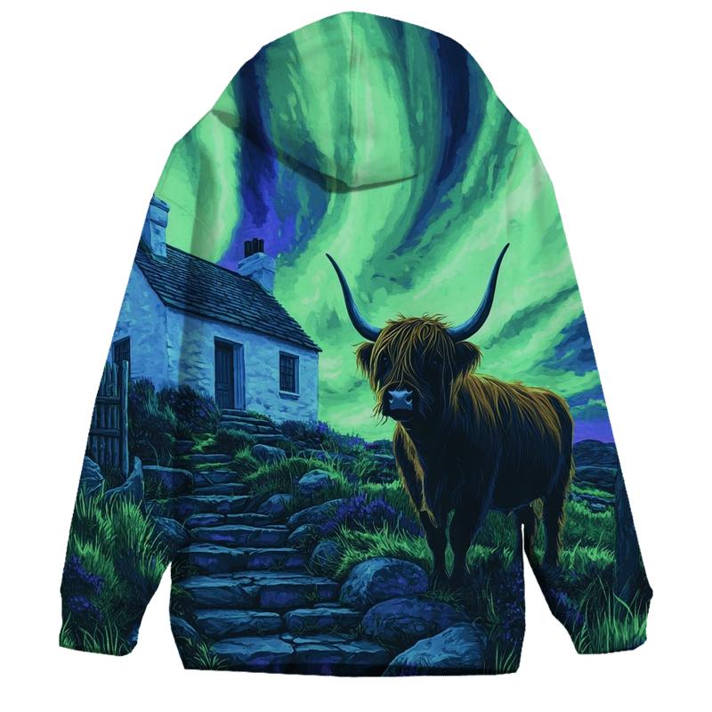 Northern Lights Cottage With Highland Cow Guard zip-up hoodies