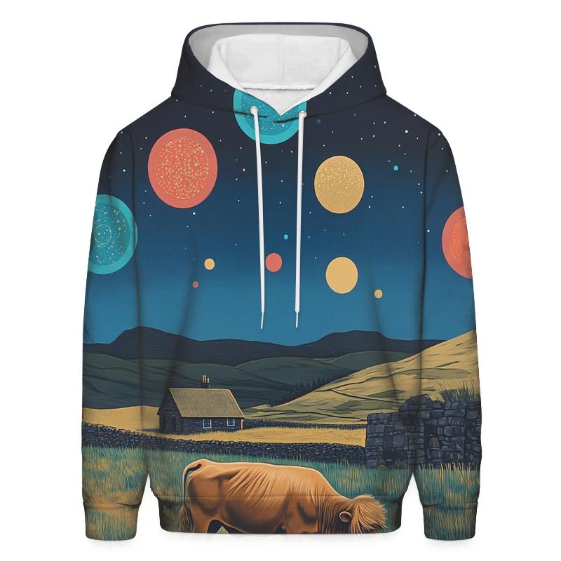 Planetary Meadow With Highland Cow Grazing hoodies fashion