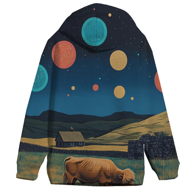 Planetary Meadow With Highland Cow Grazing hoodies fashion