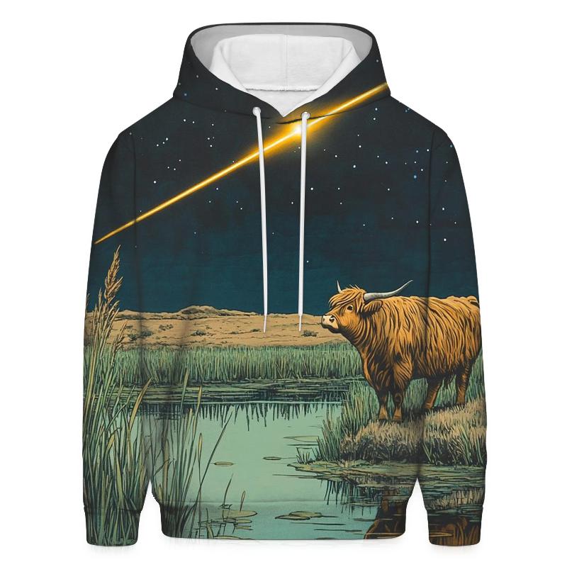 Meteor Path Across The Highland Cow Marsh pullover hoodies