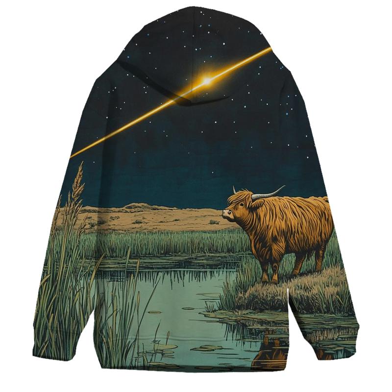 Meteor Path Across The Highland Cow Marsh pullover hoodies