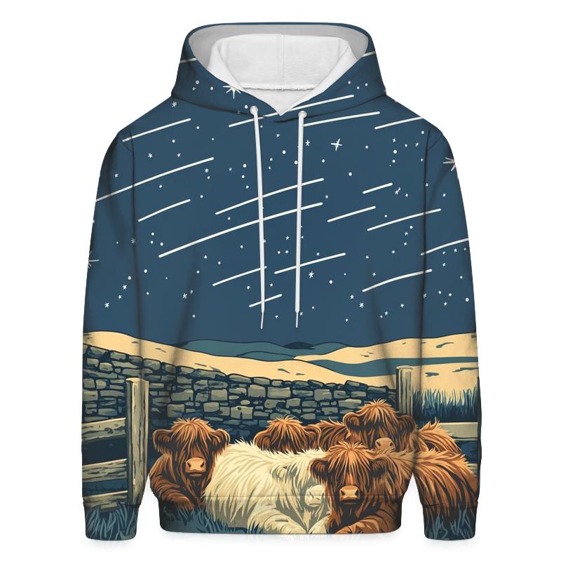 Satellite Trails Over The Highland Cow Fold premium hoodies