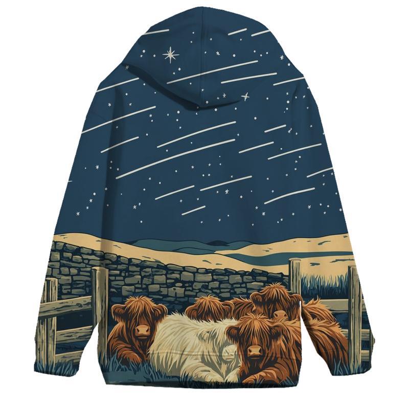 Satellite Trails Over The Highland Cow Fold premium hoodies