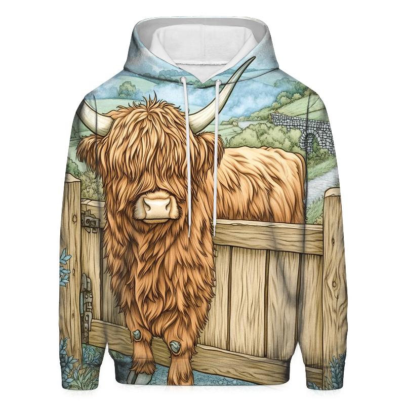 Morning Mist With A Highland Cow At The Gate embroidered hoodies