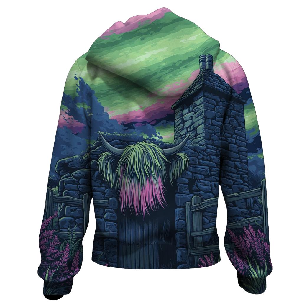 Aurora Dance Over The Rustic Highland Cow Byre embroidered hoodies