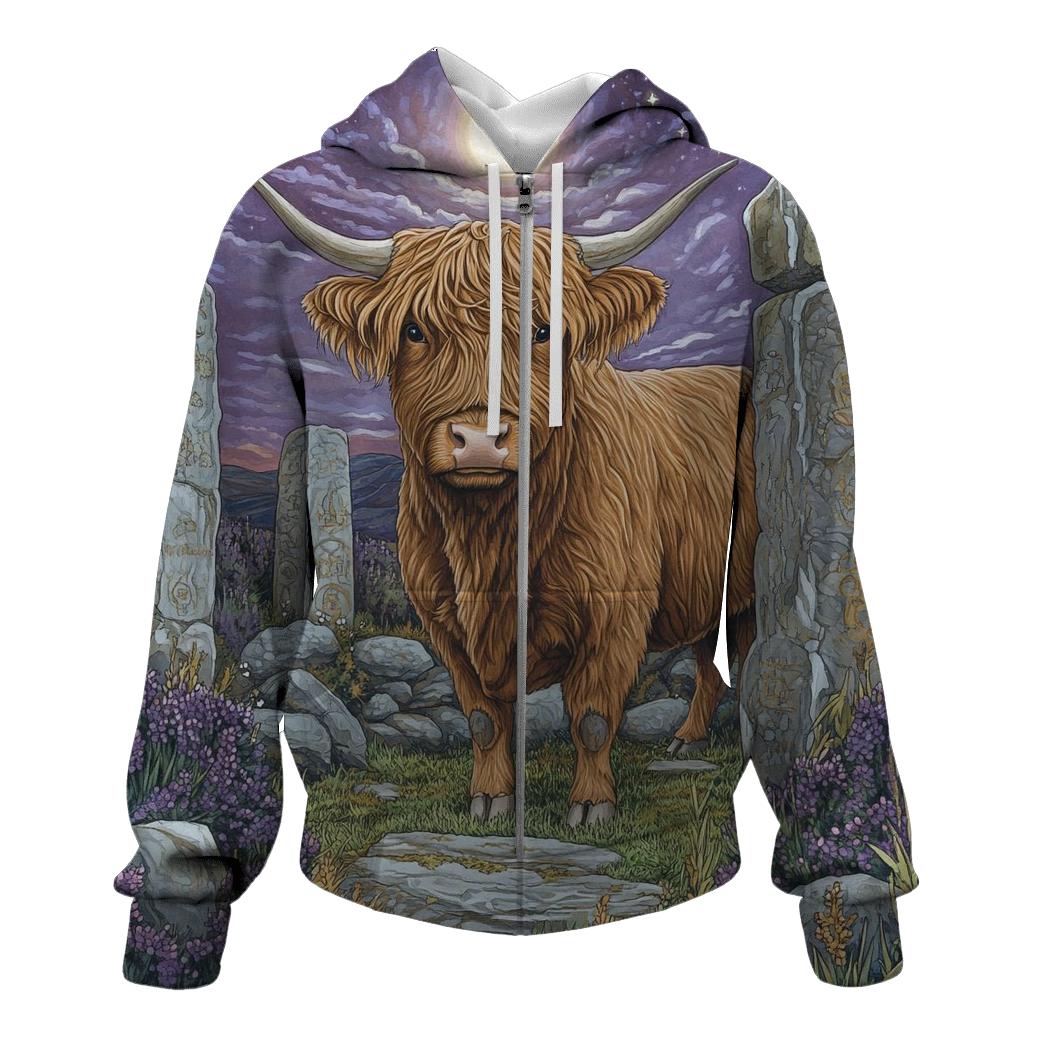 Stone Circle At Dusk With Highland Cow designer hoodies