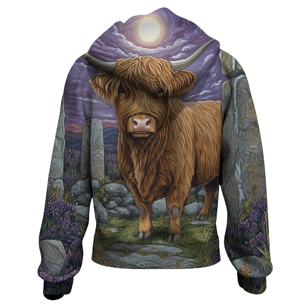 Stone Circle At Dusk With Highland Cow designer hoodies