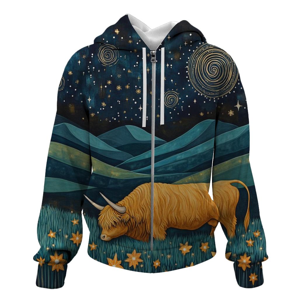 Celestial Pasture Highland Cow Edition zip-up hoodies