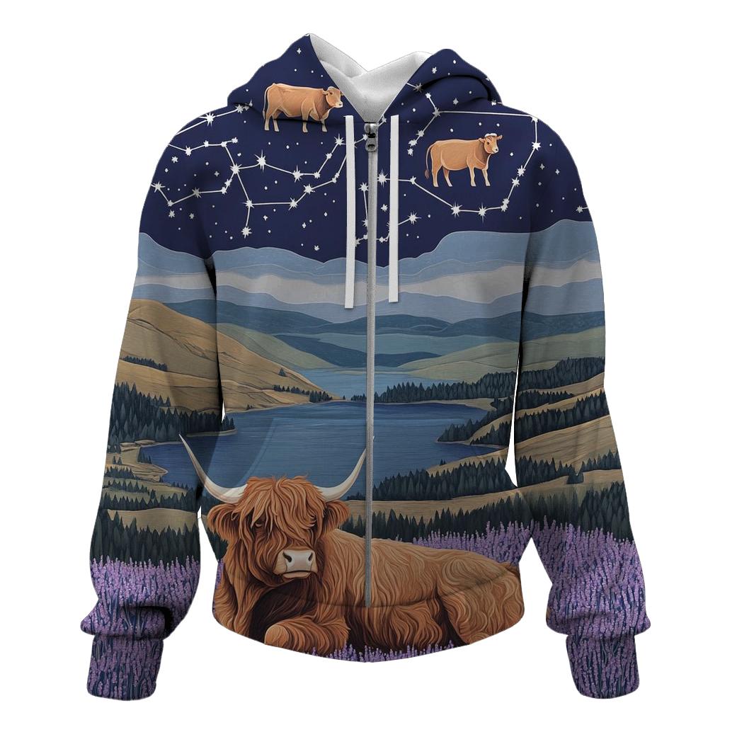Heather Ridge With Highland Cow Constellations embroidered hoodies