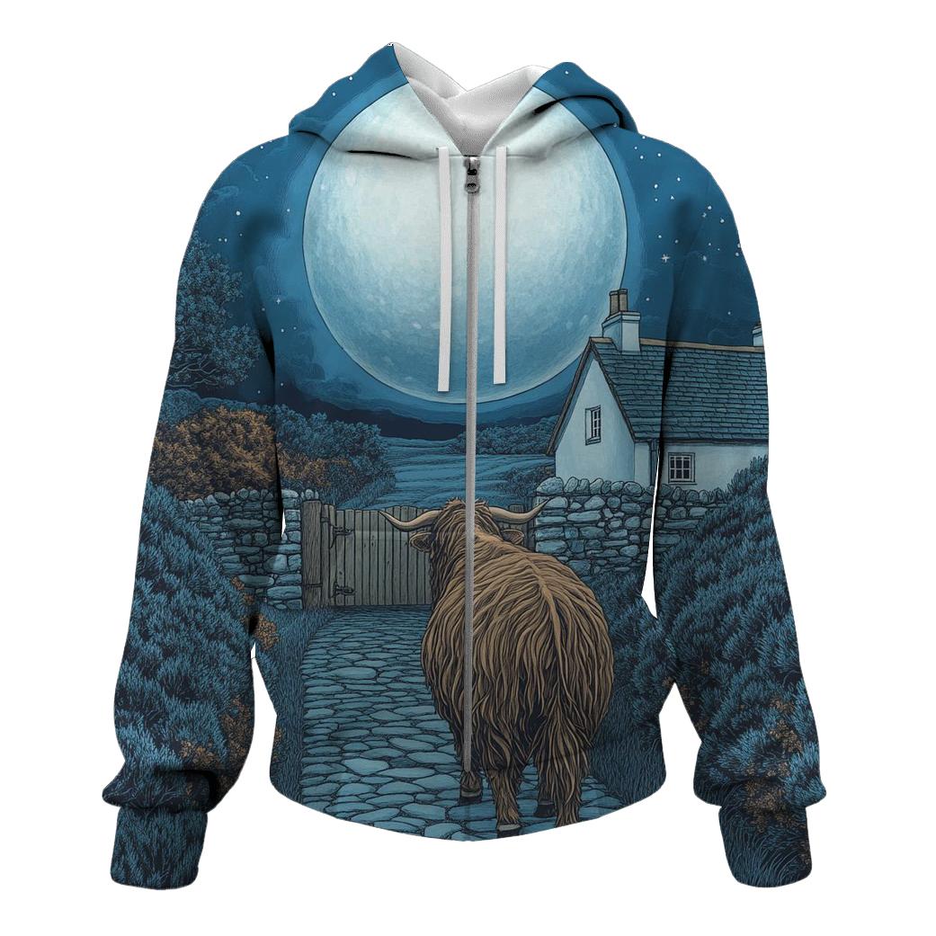 Moonlit Croft Path Highland Cow zip-up hoodies