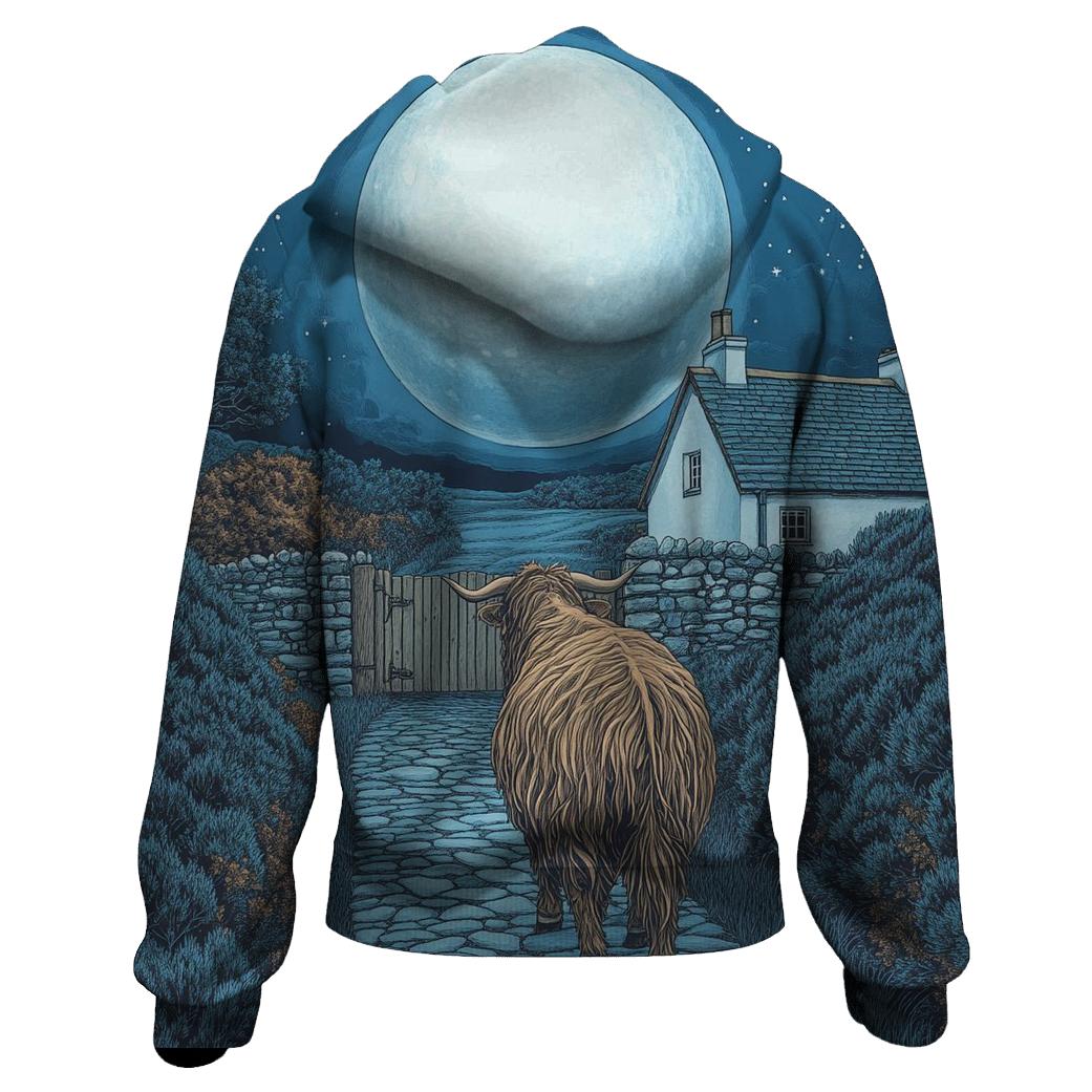 Moonlit Croft Path Highland Cow zip-up hoodies