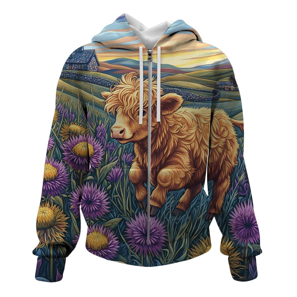 Highland Cow Among The Comet Thistles premium hoodies