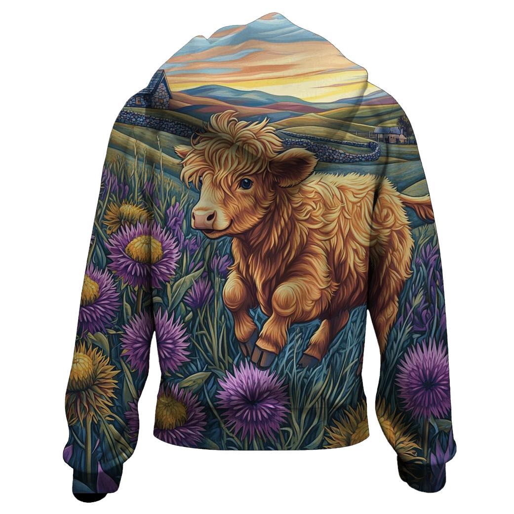 Highland Cow Among The Comet Thistles premium hoodies