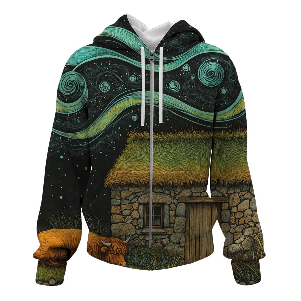 Solar Wind Over The Highland Cow Byre Roof lightweight hoodies