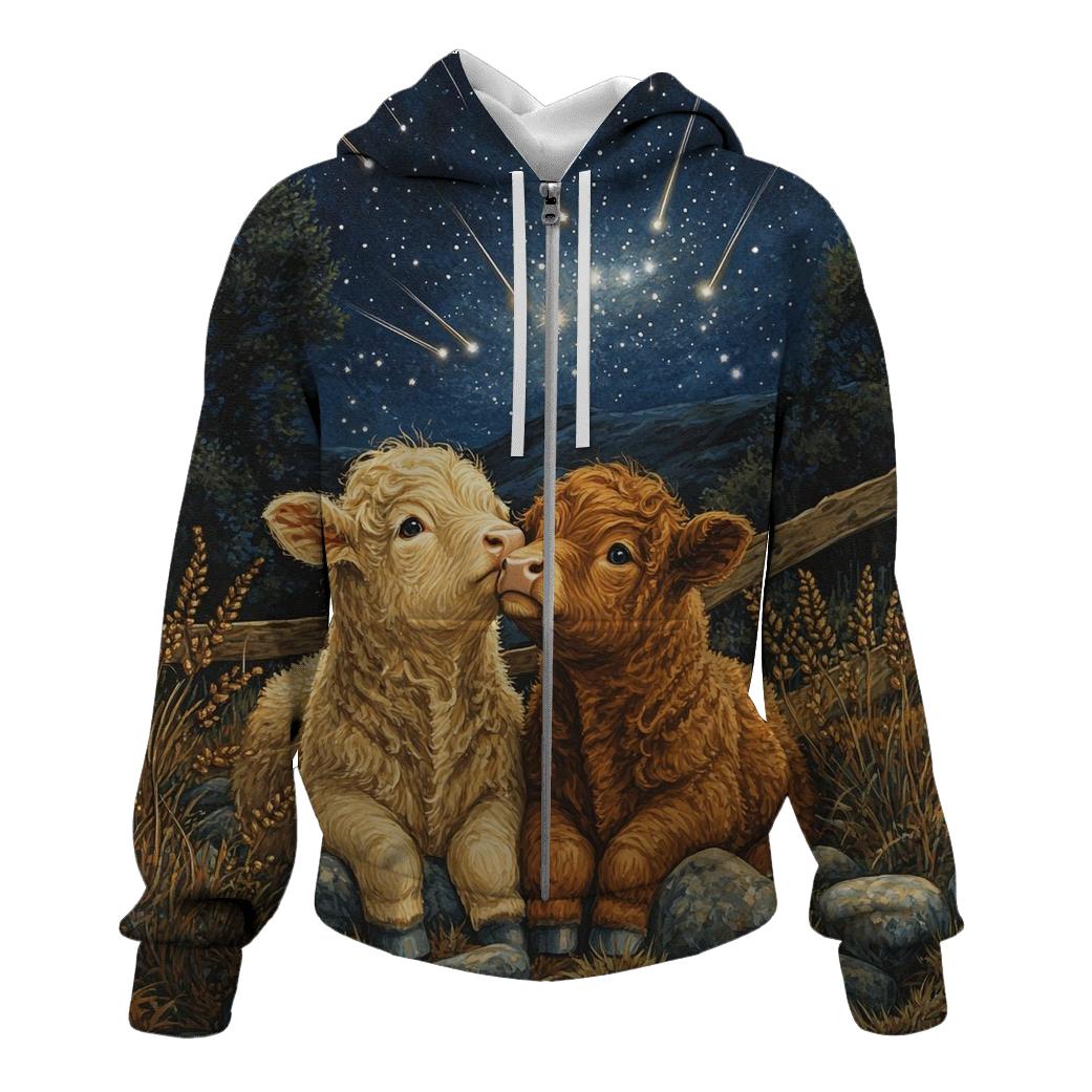 Meteor Shower Over Highland Cow Calves graphic hoodies