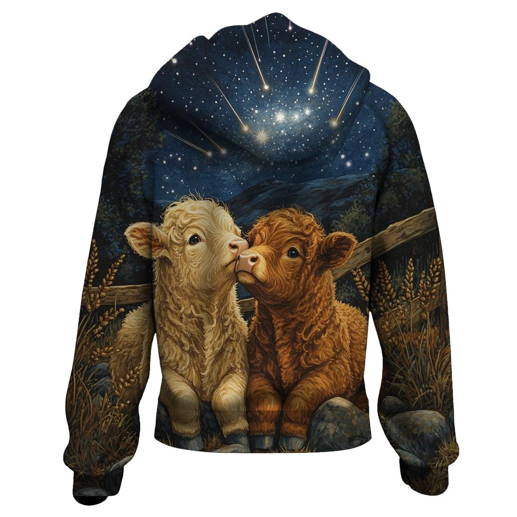 Meteor Shower Over Highland Cow Calves graphic hoodies