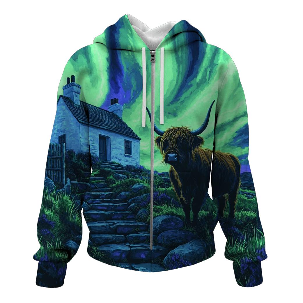 Northern Lights Cottage With Highland Cow Guard embroidered hoodies