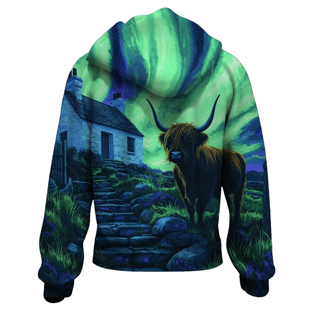 Northern Lights Cottage With Highland Cow Guard embroidered hoodies