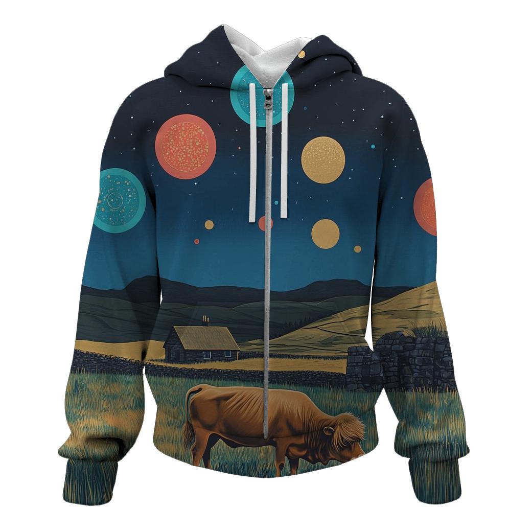 Planetary Meadow With Highland Cow Grazing hoodie designs
