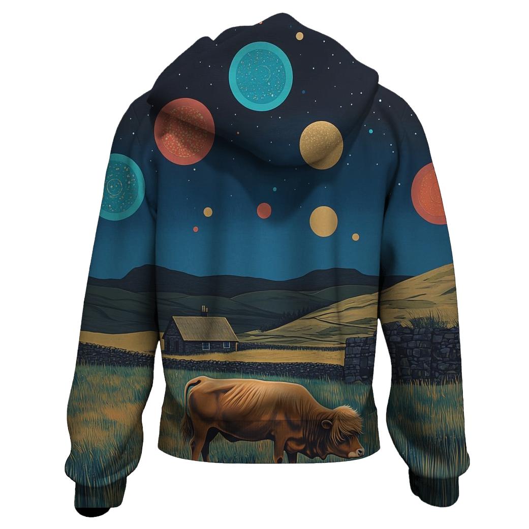 Planetary Meadow With Highland Cow Grazing hoodie designs