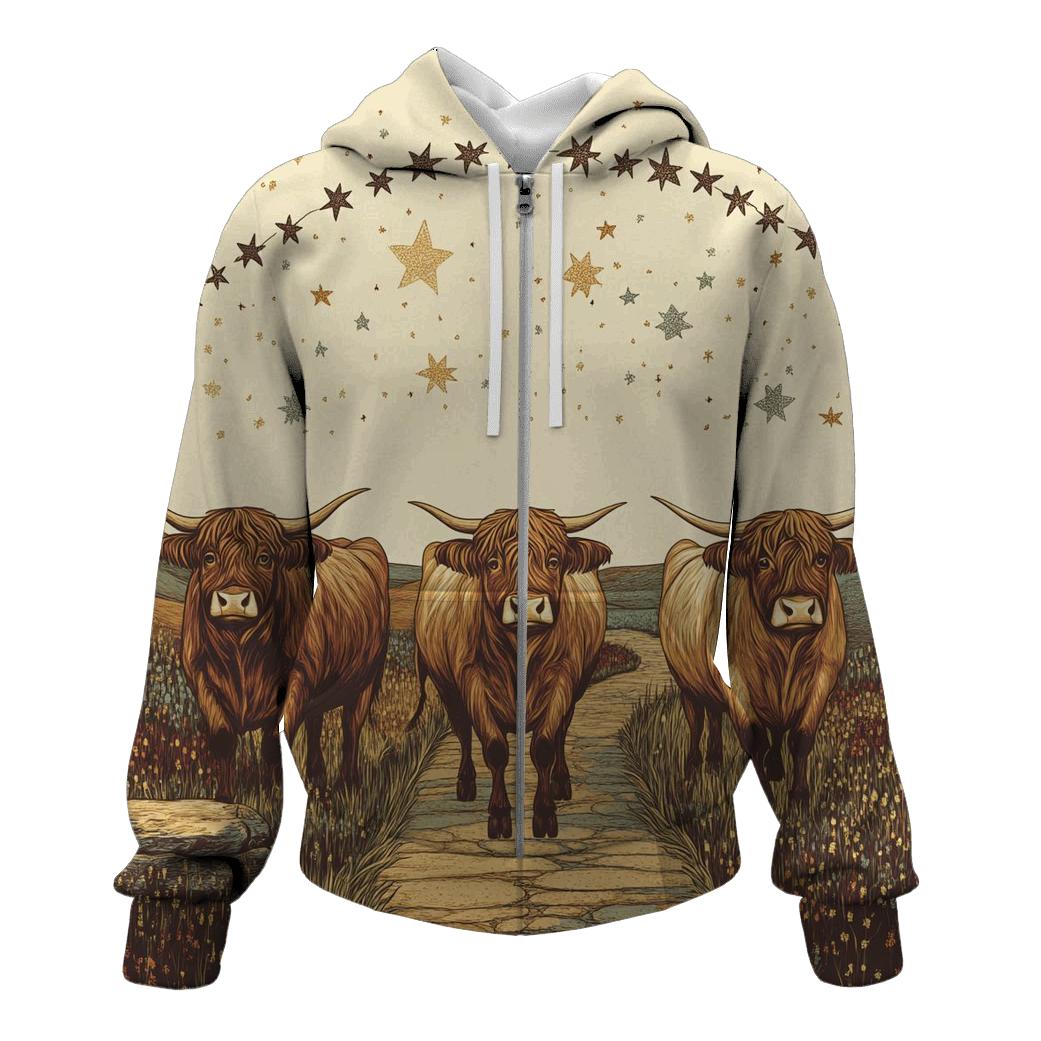 Highland Cow Caravan Under The Star Bridge embroidered hoodies