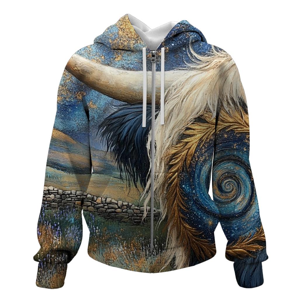 Galaxy Swirl In A Highland Cow Horn Pattern graphic hoodies