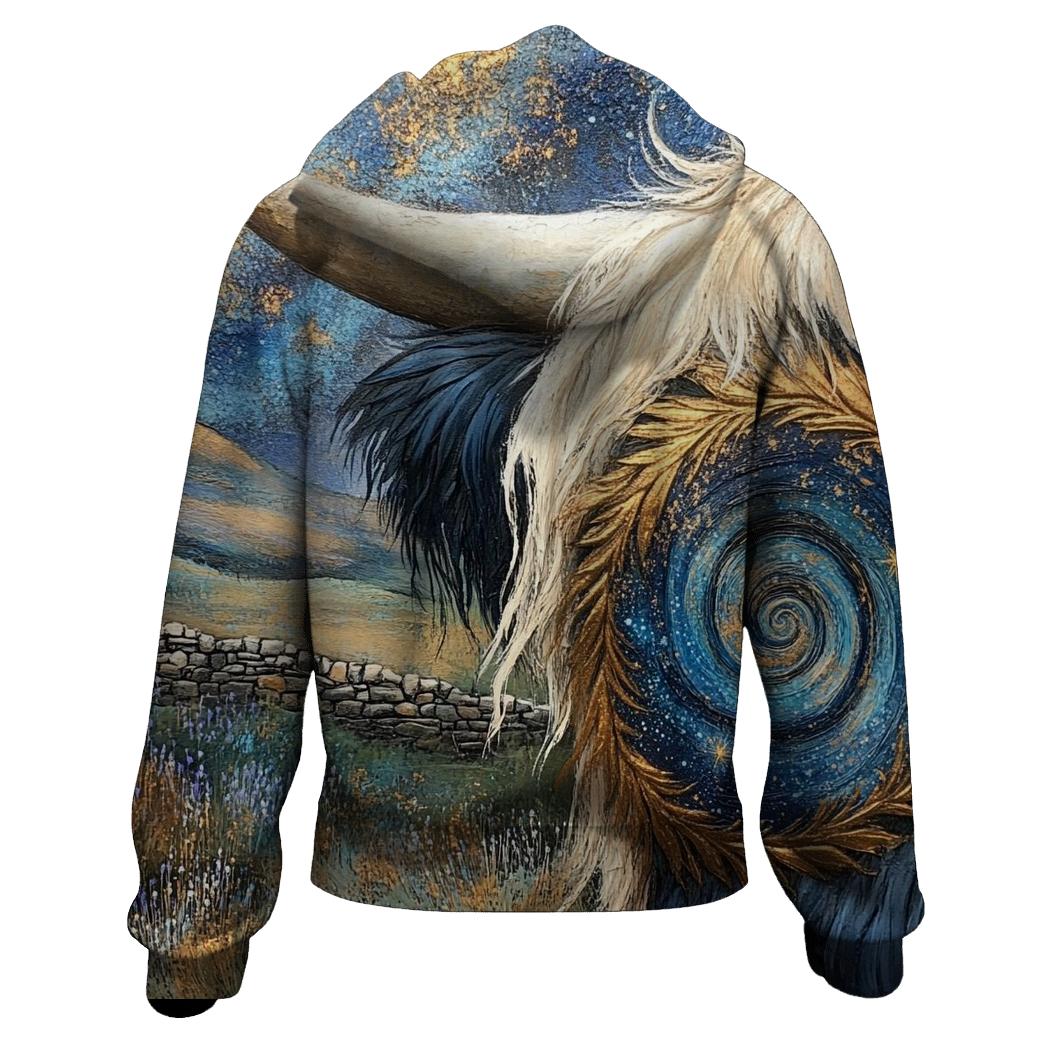 Galaxy Swirl In A Highland Cow Horn Pattern graphic hoodies