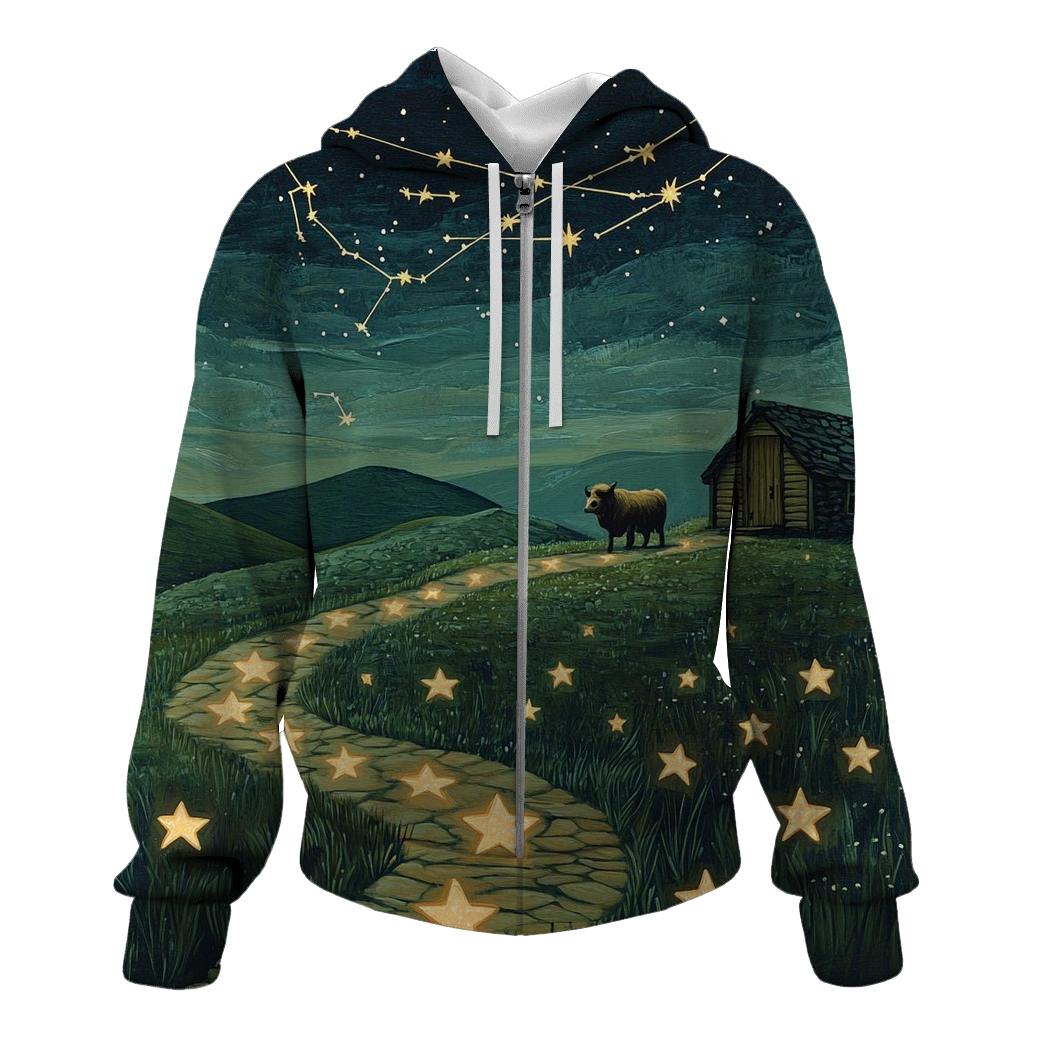 Star Map Trail To The Highland Cow Bothy printed hoodies