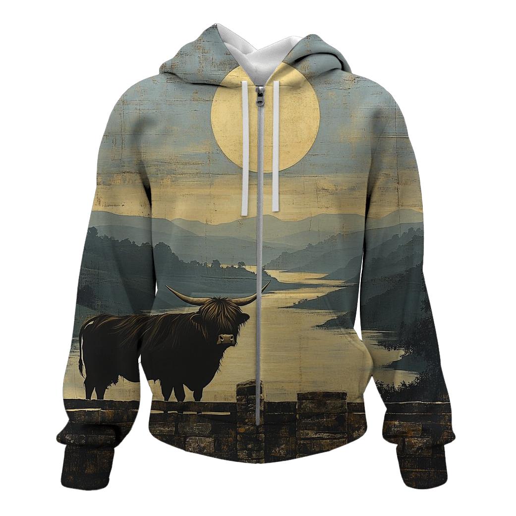 Highland Cow Dawn Eclipse Over The Glen graphic hoodies