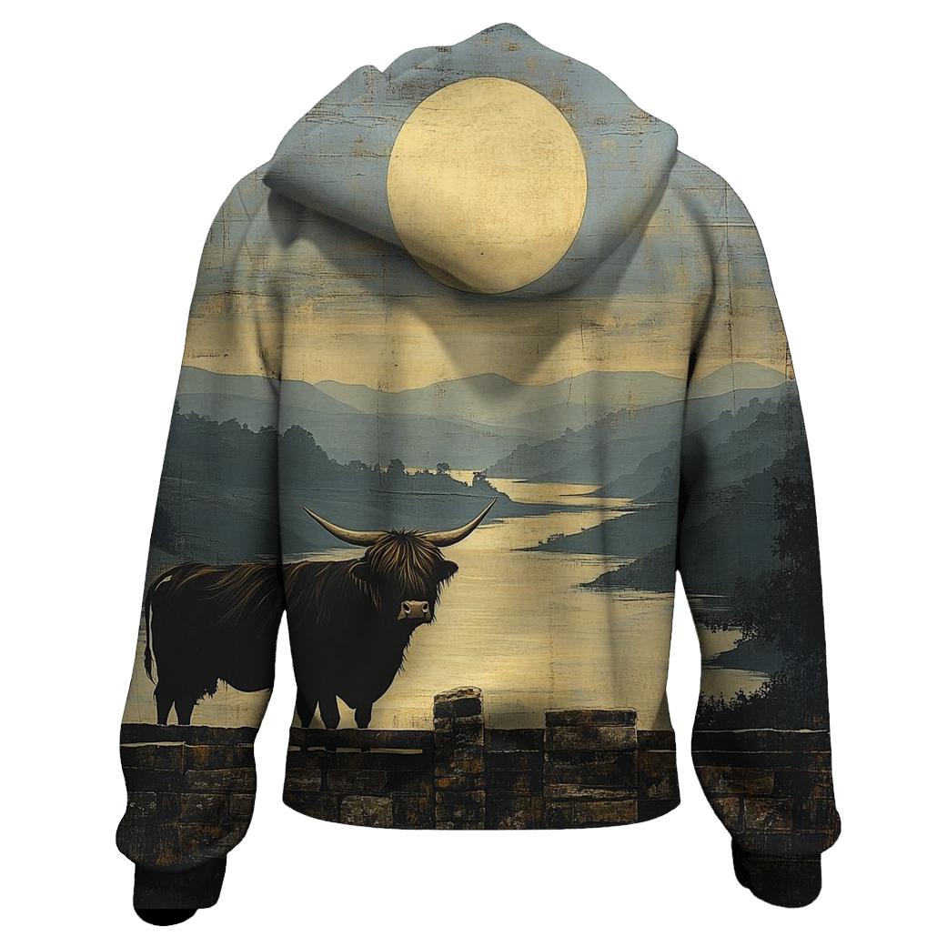 Highland Cow Dawn Eclipse Over The Glen graphic hoodies