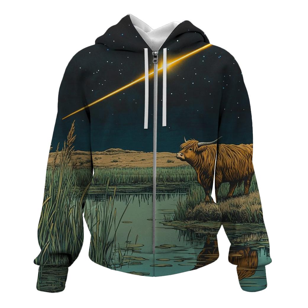 Meteor Path Across The Highland Cow Marsh hoodie styles