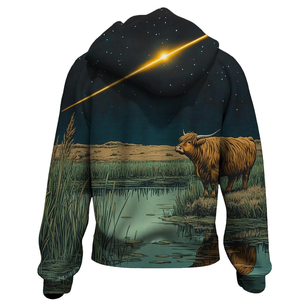 Meteor Path Across The Highland Cow Marsh hoodie styles