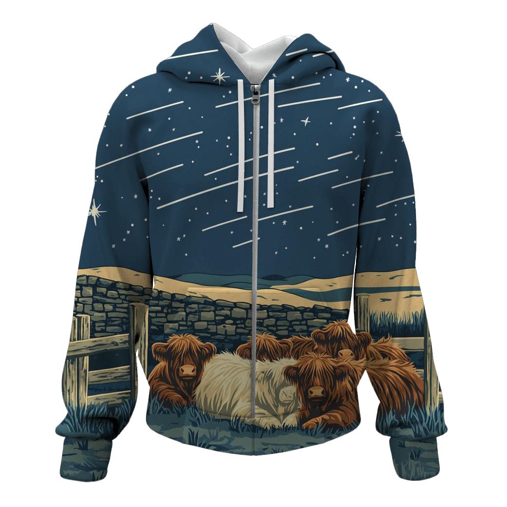 Satellite Trails Over The Highland Cow Fold lightweight hoodies