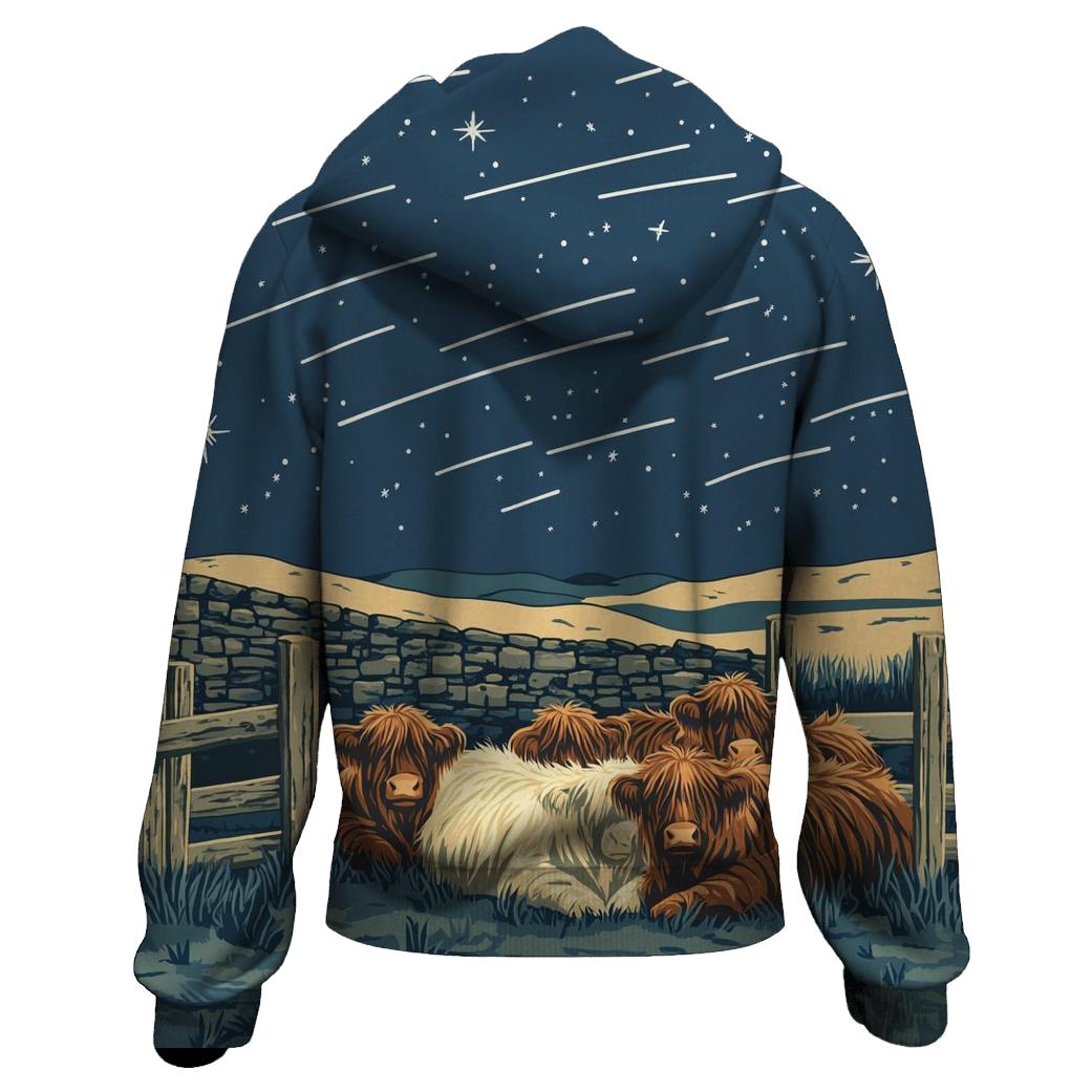 Satellite Trails Over The Highland Cow Fold lightweight hoodies