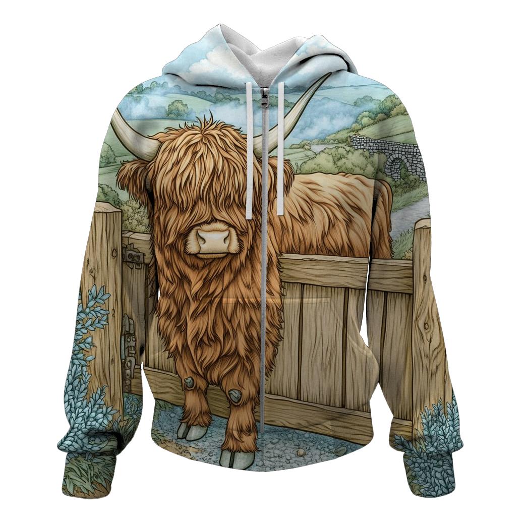 Morning Mist With A Highland Cow At The Gate designer hoodies