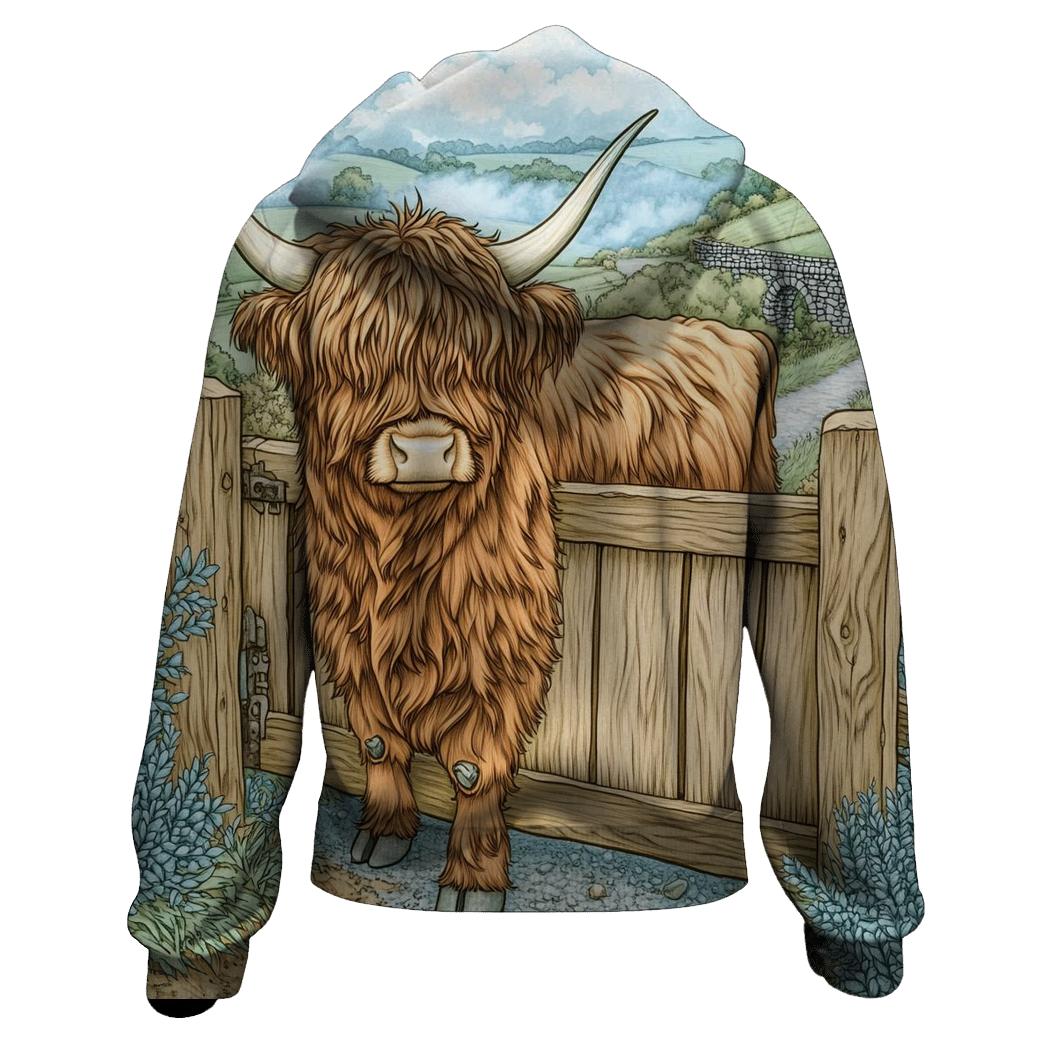 Morning Mist With A Highland Cow At The Gate designer hoodies