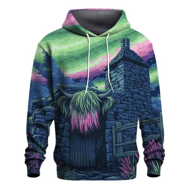 Aurora Dance Over The Rustic Highland Cow Byre designer hoodies