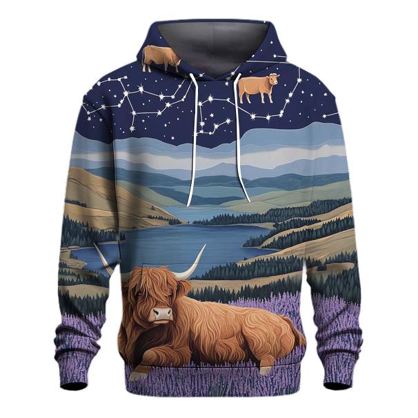 Heather Ridge With Highland Cow Constellations graphic hoodies