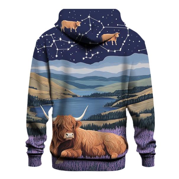 Heather Ridge With Highland Cow Constellations graphic hoodies
