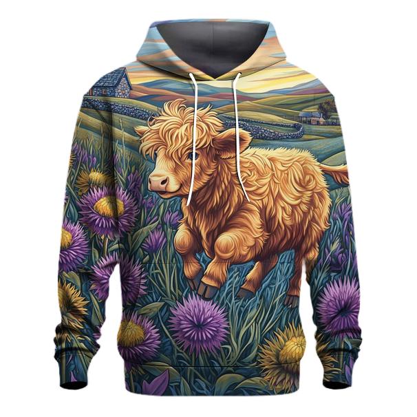 Highland Cow Among The Comet Thistles printed hoodies