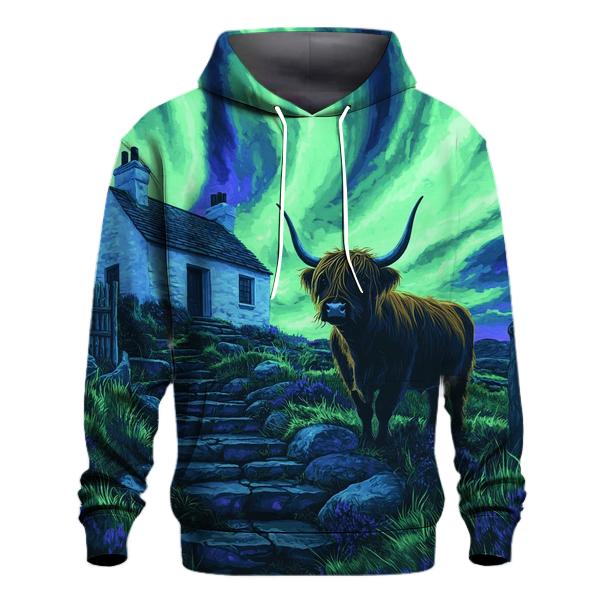 Northern Lights Cottage With Highland Cow Guard graphic hoodies