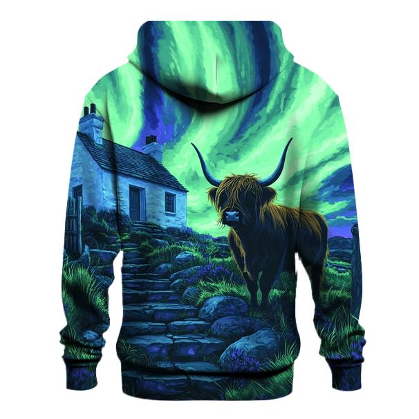 Northern Lights Cottage With Highland Cow Guard graphic hoodies