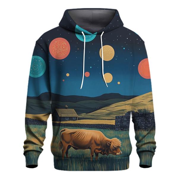 Planetary Meadow With Highland Cow Grazing hoodie styles