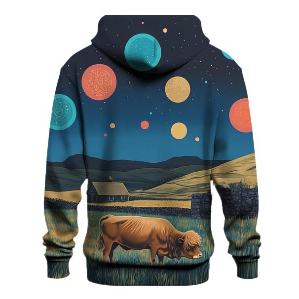 Planetary Meadow With Highland Cow Grazing hoodie styles
