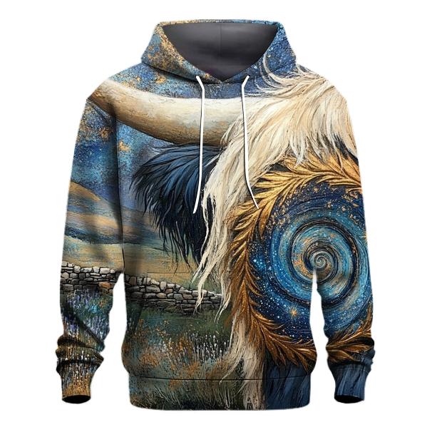 Galaxy Swirl In A Highland Cow Horn Pattern graphic hoodies