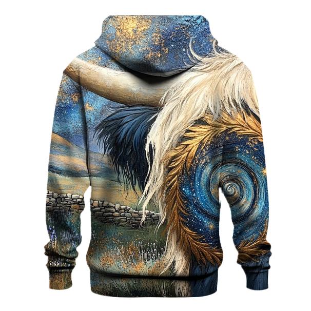 Galaxy Swirl In A Highland Cow Horn Pattern graphic hoodies