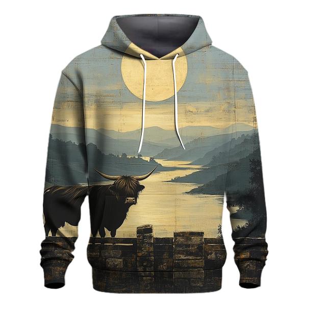 Highland Cow Dawn Eclipse Over The Glen designer hoodies