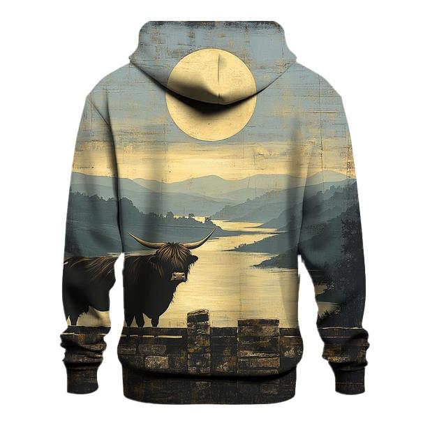 Highland Cow Dawn Eclipse Over The Glen designer hoodies