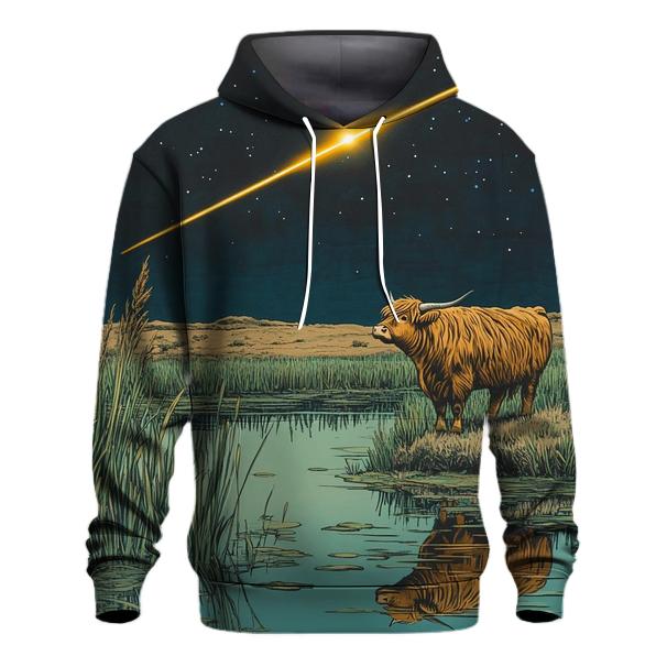 Meteor Path Across The Highland Cow Marsh heavyweight hoodies